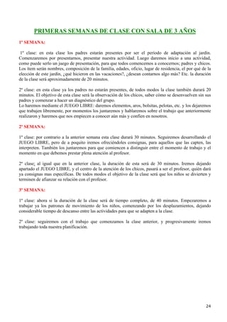 PRIMERAS SEMANAS DE CLASE CON SALA DE 3 AÑOS
1º SEMANA:

 1º clase: en esta clase los padres estarán presentes por ser el período de adaptación al jardín.
Comenzaremos por presentarnos, presentar nuestra actividad. Luego daremos inicio a una actividad,
como puede serlo un juego de presentación, para que todos comencemos a conocernos; padres y chicos.
Los ítem serán nombres, composición de la familia, edades, oficio, lugar de residencia, el por qué de la
elección de este jardín, ¿qué hicieron en las vacaciones?, ¿desean contarnos algo más? Etc. la duración
de la clase será aproximadamente de 20 minutos.

2º clase: en esta clase ya los padres no estarán presentes, de todos modos la clase también durará 20
minutos. El objetivo de esta clase será la observación de los chicos, saber cómo se desenvuelven sin sus
padres y comenzar a hacer un diagnóstico del grupo.
Lo haremos mediante el JUEGO LIBRE: daremos elementos, aros, bolsitas, pelotas, etc. y los dejaremos
que trabajen libremente, por momentos los juntaremos y hablaremos sobre el trabajo que anteriormente
realizaron y haremos que nos empiecen a conocer aún más y confíen en nosotros.

2º SEMANA:

1º clase: por contrario a la anterior semana esta clase durará 30 minutos. Seguiremos desarrollando el
JUEGO LIBRE, pero de a poquito iremos ofreciéndoles consignas, para aquellos que las capten, las
interpreten. También los juntaremos para que comiencen a distinguir entre el momento de trabajo y el
momento en que debemos prestar plena atención al profesor.

2º clase: al igual que en la anterior clase, la duración de esta será de 30 minutos. Iremos dejando
apartado el JUEGO LIBRE, y el centro de la atención de los chicos, pasará a ser el profesor, quién dará
ya consignas mas específicas. De todos modos el objetivo de la clase será que los niños se divierten y
terminen de afianzar su relación con el profesor.

3º SEMANA:

1º clase: ahora si la duración de la clase será de tiempo completo, de 40 minutos. Empezaremos a
trabajar ya los patrones de movimiento de los niños, comenzando por los desplazamientos, dejando
considerable tiempo de descanso entre las actividades para que se adapten a la clase.

2º clase: seguiremos con el trabajo que comenzamos la clase anterior, y progresivamente iremos
trabajando toda nuestra planificación.




                                                                                                     24
 