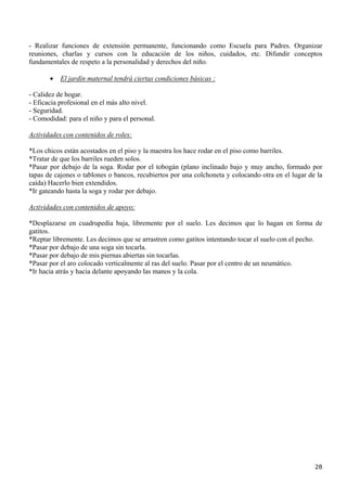 - Realizar funciones de extensión permanente, funcionando como Escuela para Padres. Organizar
reuniones, charlas y cursos con la educación de los niños, cuidados, etc. Difundir conceptos
fundamentales de respeto a la personalidad y derechos del niño.

       •   El jardín maternal tendrá ciertas condiciones básicas :

- Calidez de hogar.
- Eficacia profesional en el más alto nivel.
- Seguridad.
- Comodidad: para el niño y para el personal.

Actividades con contenidos de roles:

*Los chicos están acostados en el piso y la maestra los hace rodar en el piso como barriles.
*Tratar de que los barriles rueden solos.
*Pasar por debajo de la soga. Rodar por el tobogán (plano inclinado bajo y muy ancho, formado por
tapas de cajones o tablones o bancos, recubiertos por una colchoneta y colocando otra en el lugar de la
caída) Hacerlo bien extendidos.
*Ir gateando hasta la soga y rodar por debajo.

Actividades con contenidos de apoyo:

*Desplazarse en cuadrupedia baja, libremente por el suelo. Les decimos que lo hagan en forma de
gatitos.
*Reptar libremente. Les decimos que se arrastren como gatitos intentando tocar el suelo con el pecho.
*Pasar por debajo de una soga sin tocarla.
*Pasar por debajo de mis piernas abiertas sin tocarlas.
*Pasar por el aro colocado verticalmente al ras del suelo. Pasar por el centro de un neumático.
*Ir hacia atrás y hacia delante apoyando las manos y la cola.




                                                                                                    28
 