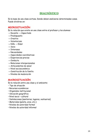 DIAGNÓSTICO

Es la base de una clase exitosa. Donde deben analizarse determinadas cosas.
Puede dividirse en:

MICROSITUACIÓN
Es la relación que existe en una clase entre el profesor y los alumnos
→ Docente → Capacitado
→ Predispuesto
→ Creativo
→ Voluntarioso
→ Niño → Edad
→ Sexo
→ Intereses
→ Necesidades
→ Capacidades coordinativas
→ Experiencias previas
→ Conducta
→ Relaciones interpersonales
→ Antecedentes de salud
→ Nivel socioeconómico
→ Constitución de la familia
→ Niveles de maduración

MACROSITUACIÓN
Es la relación entre una clase y el ambiente:
• Tipo de situación
• Recursos económicos
• Organismo institucional
• Ubicación geográfica
• Nivel socio – cultural
• Instalaciones (sanitarias, lugares, vestuarios)
• Materiales (pelota, aros, etc.)
• Niveles de autoridad formal
• Niveles de autoridad informal




                                                                              29
 