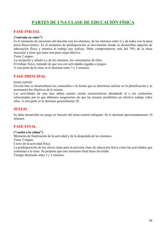 PARTES DE UNA CLASE DE EDUCACIÓN FÍSICA

FASE INICIAL
(“entrada en calor”)
Es el momento de encuentro del docente con los alumnos, de los alumnos entre sí y de todos con la tarea
psico-físico-motriz. Es el momento de predisposición al movimiento donde se desarrollan aspectos de
adecuación física y anímica al trabajo por realizar. Debe comprometerse más del 70% de la masa
muscular y tiene que tener una gran carga afectiva.
Tiene 2 etapas:
La recepción y saludo a y de los alumnos, los comentarios de ellos.
El trabajo físico, tratando de que sea con actividades jugadas o juegos.
A esta parte de la clase se le destinan entre 3 y 5 minutos.

FASE PRINCIPAL
(tema central)
En esta fase se desarrollaran los contenidos o la forma que se determine utilizar en la planificación y se
acentuarán los objetivos de la misma.
Las actividades de esta fase deben asumir ciertas características abordando el o los contenidos
relacionados por lo que debemos asegurarnos de que las mismas posibiliten un efectivo trabajo sobre
ellos. A esta parte se le destinan generalmente 20.

JUEGO
Se debe desarrollar un juego en función del tema central trabajado. Se le destinan aproximadamente 10
minutos.

FASE FINAL
(“vuelta a la calma”)
Momento de finalización de la actividad y de la despedida de los alumnos.
Tiene 2 etapas:
Cierre de la actividad física
La predisposición de los chicos tanto para la próxima clase de educación física como las actividades que
continúan a la clase. Se propone que este momento final fuese divertido.
Tiempo destinado entre 3 y 5 minutos.




                                                                                                       30
 
