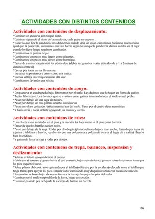 ACTIVIDADES CON DISTINTOS CONTENIDOS
Actividades con contenidos de desplazamiento:
*Caminar sin chocarse con ningún nene.
*Caminar siguiendo el ritmo de la pandereta, cada golpe es un paso.
*Hacer lo que dice la pandereta: nos detenemos cuando deja de sonar, caminamos haciendo mucho ruido
igual que la pandereta, caminamos suave o fuerte según lo indique la pandereta, damos saltitos en el lugar
cuando lo dice y luego seguimos caminando.
*Caminamos en puntas de pie.
*Caminamos con pasos muy largos como gigantes.
*Caminamos con pasos muy cortos como hormigas.
*Tratar de caminar esquivando los obstáculos. (deben ser grandes y estar ubicados de a 1 a 2 metros de
distancia entre sí)
*Correr por todas partes libremente.
*Escuchar la pandereta y correr como ella indica.
*Damos saltitos en el lugar cuando ella dice.
*Caminamos llevando una bolsita.

Actividades con contenidos de apoyo:
*Desplazarse en cuadrupedia baja, libremente por el suelo. Les decimos que lo hagan en forma de gatitos.
*Reptar libremente. Les decimos que se arrastren como gatitos intentando tocar el suelo con el pecho.
*Pasar por debajo de una soga sin tocarla.
*Pasar por debajo de mis piernas abiertas sin tocarlas.
*Pasar por el aro colocado verticalmente al ras del suelo. Pasar por el centro de un neumático.
*Ir hacia atrás y hacia delante apoyando las manos y la cola.

Actividades con contenidos de roles:
*Los chicos están acostados en el piso y la maestra los hace rodar en el piso como barriles.
*Tratar de que los barriles rueden solos.
*Pasar por debajo de la soga. Rodar por el tobogán (plano inclinado bajo y muy ancho, formado por tapas de
cajones o tablones o bancos, recubiertos por una colchoneta y colocando otra en el lugar de la caída) Hacerlo
bien extendidos.
*Ir gateando hasta la soga y rodar por debajo.

Actividades con contenidos de trepa, balanceo, suspensión y
deslizamiento:
*Subirse al tablón apoyando todo el cuerpo.
*Subir por el extremo y gatear hacia el otro extremo, bajar acostándose y girando sobre las piernas hasta que
los pies toquen el suelo.
*Sobre planos oblicuos: subir gateando por el tablón (oblicuo), por la escalera (colocada sobre el tablón que
tenga trabas para apoyar los pies. Intentar subir caminando muy despacio (tablón con escasa inclinación.
*Suspensión en barra baja: abrazarse fuerte a la barra y despegar los pies del suelo.
*Caminar por el suelo suspendido de la barra, luego de costado.
*Caminar pasando por debajo de la escalera de barrote en barrote.




                                                                                                             86
 