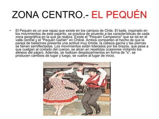 ZONA CENTRO.-  EL PEQUÉN El Pequén es un ave rapaz que existe en los campos de Chile. El baile, inspirado en los movimientos de este pajarito, se practica de acuerdo a las características de cada zona geográfica en la que se realiza. Existe el "Pequén Campesino" que se da en el valle central y el "Pequén Gañán" en Chiloé. Ambos comparten el hecho de que la pareja de bailarines presenta una actitud muy tímida, la cabeza gacha y las piernas se tienen semiflectadas. Los movimientos están liderados por los brazos, que pese a que cuelgan al costado del cuerpo, se alzan en repetidas ocasiones imitando los aleteos del pájaro. Además, se realizan desplazamientos en forma de "s", se producen cambios de lugar y luego, se vuelve al lugar de inicio. 