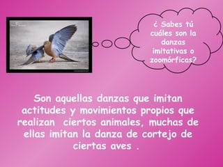 Son aquellas danzas que imitan actitudes y movimientos propios que realizan  ciertos animales, muchas de ellas imitan la danza de cortejo de ciertas aves .   ¿ Sabes tú cuáles son la danzas imitativas o zoomórficas? 
