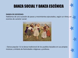 DANZA EN SOCIEDAD:
Hablamos de una sucesión de pasos y movimientos ejecutados, según un ritmo, en
eventos de carácter social:
- Danza popular: Es la danza tradicional de los pueblos basados en sus propias
músicas y símbolo de festividades religiosas y profanas.
DANZA SOCIAL Y DANZA ESCÉNICA
 