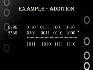Example - ADDITION


  6796   0110 0111 1001 0110
• 5368 + 0101 0011 0110 1000 +
•       -----------------------------------------
        1011       1010 1111 1110
 