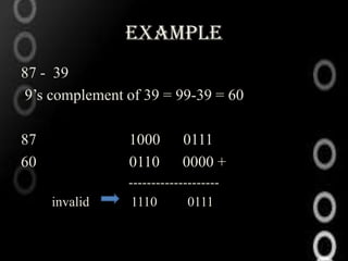 Example
87 - 39
9’s complement of 39 = 99-39 = 60

87              1000      0111
60              0110      0000 +
               --------------------
     invalid    1110        0111
 