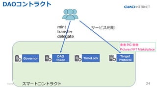 Copyright ? GMO Internet Inc. All Rights Reserved. 24
CONFIDENTIAL
ީ`ȥȥ饯
Governor
DAO
Token
TimeLock
Target
Protocol
mint
transfer
delegate
`ӥ?
DAOȥ饯
 