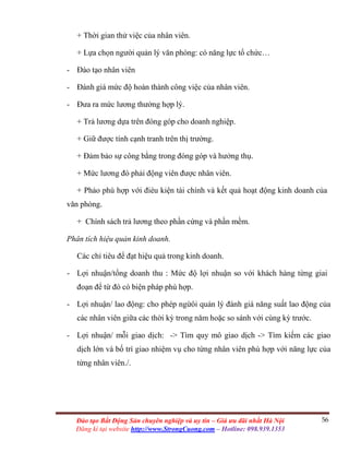 56Đào tạo Bất Động Sản chuyên nghiệp và uy tín – Giá ưu đãi nhất Hà Nội
Đăng kí tại website http://www.StrongCuong.com – Hotline: 098.939.1353
+ Thời gian thử việc của nhân viên.
+ Lựa chọn người quản lý văn phòng: có năng lực tổ chức…
- Đào tạo nhân viên
- Đánh giá mức độ hoàn thành công việc của nhân viên.
- Đưa ra mức lương thưởng hợp lý.
+ Trả lương dựa trên đóng góp cho doanh nghiệp.
+ Giữ được tính cạnh tranh trên thị trường.
+ Đảm bảo sự công bằng trong đóng góp và hưởng thụ.
+ Mức lương đó phải động viên được nhân viên.
+ Phảo phù hợp với đièu kiện tài chính và kết quả hoạt động kinh doanh của
văn phòng.
+ Chính sách trả lương theo phần cứng và phần mềm.
Phân tích hiệu quản kinh doanh.
Các chỉ tiêu để đạt hiệu quả trong kinh doanh.
- Lợi nhuận/tổng doanh thu : Mức độ lợi nhuận so với khách hàng từng giai
đoạn để từ đó có biện pháp phù hợp.
- Lợi nhuận/ lao động: cho phép ngừôi quản lý đánh giá năng suất lao động của
các nhân viên giữa các thời kỳ trong năm hoặc so sánh với cùng kỳ trước.
- Lợi nhuận/ mỗi giao dịch: -> Tìm quy mô giao dịch -> Tìm kiếm các giao
dịch lớn và bố trí giao nhiệm vụ cho từng nhân viên phù hợp với năng lực của
từng nhân viên./.
 