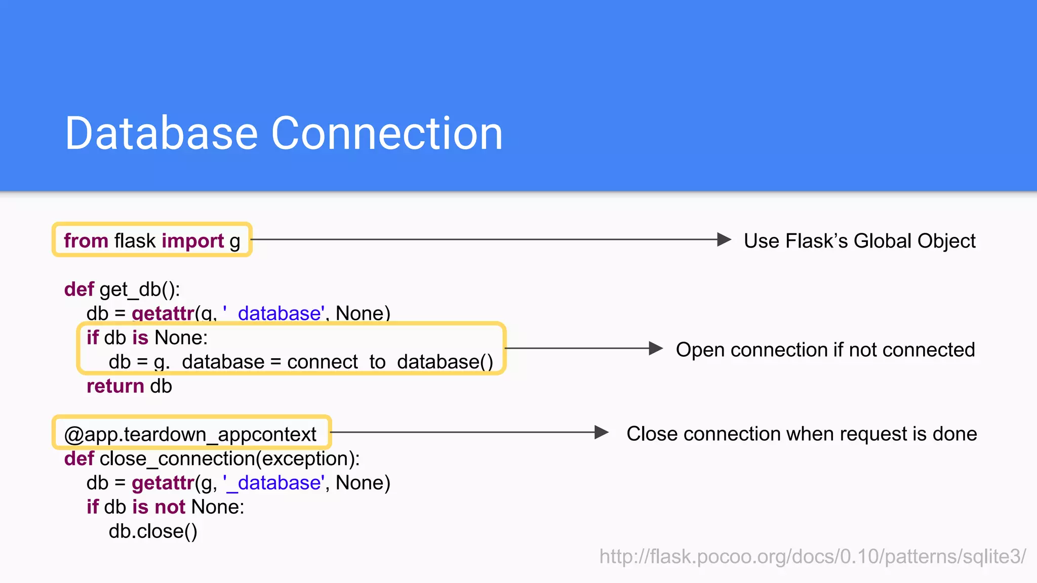 Database Connection
from flask import g
def get_db():
db = getattr(g, '_database', None)
if db is None:
db = g._database = connect_to_database()
return db
@app.teardown_appcontext
def close_connection(exception):
db = getattr(g, '_database', None)
if db is not None:
db.close()
http://flask.pocoo.org/docs/0.10/patterns/sqlite3/
Use Flask’s Global Object
Open connection if not connected
Close connection when request is done
 