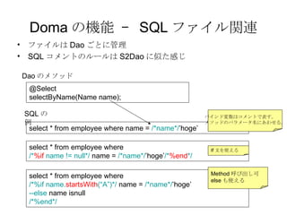 Doma ΙC C  SQL եvB ե Dao Ȥ˹ SQL ȤΥ` S2Dao ƤФ select * from employee where name =  /*name*/ hoge  select * from employee where  /*%if name. startsWith (A)*/  name =  /*name*/ hoge  --else  name isnull /*%end*/   select * from employee where  /* %if  name != null*/  name =  /*name*/ hoge /* %end */   If Ĥʹ Method ӳ else ʹ ХɉϥȤǱ ᥽åɤΥѥ`ˤ碌롣 @Select selectByName(Name name); DaoΥ᥽å SQL 