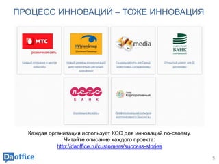 ПРОЦЕСС ИННОВАЦИЙ – ТОЖЕ ИННОВАЦИЯ
5
Каждая организация использует КСС для инноваций по-своему.
Читайте описание каждого проекта:
http://daoffice.ru/customers/success-stories
 
