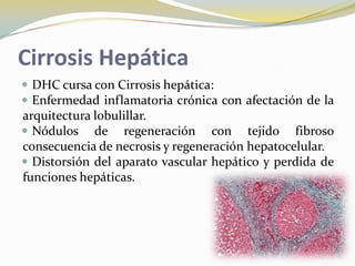 Cirrosis Hepática
 DHC cursa con Cirrosis hepática:
 Enfermedad inflamatoria crónica con afectación de la
arquitectura lobulillar.
 Nódulos de regeneración con tejido fibroso
consecuencia de necrosis y regeneración hepatocelular.
 Distorsión del aparato vascular hepático y perdida de
funciones hepáticas.
 