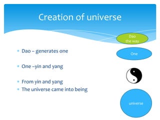 Dao – generates one
One –yin and yang
From yin and yang
The universe came into being
Creation of universe
Dao
the way
One
universe
 