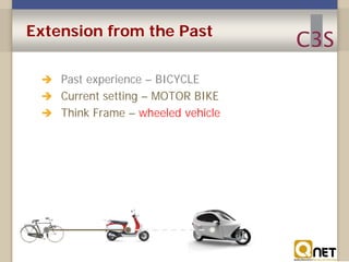 Extension from the Past
 Past experience – BICYCLE
 Current setting – MOTOR BIKE
 Think Frame – wheeled vehicle

 