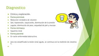 Diagnostico
 Clinica y exploración.
 Forma prerrenal.
 Reduccion verdadera de volumen
 Sed, hipotensión, taquicardia, disminución de la presión venosa
 yugular, disminución de peso, sequedad de piel y mucosas
 Forma intrínseca
 Isquemia renal
 Forma posrenal
 En varón enfermedad obstructiva.
 Una vez estadificado la lesión renal aguda, se continua con la medición de cistatina
C.

 
