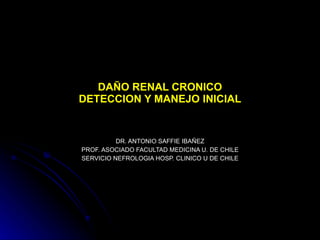 DAÑO RENAL CRONICO DETECCION Y MANEJO INICIAL DR. ANTONIO SAFFIE IBAÑEZ PROF. ASOCIADO FACULTAD MEDICINA U. DE CHILE SERVICIO NEFROLOGIA HOSP. CLINICO U DE CHILE 