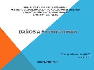 REPUBLICA BOLIVARIANA DE VENEZUELA
MINISTERIO DEL PODER POPULAR PARA LA EDUCACIÓN SUPERIOR
INSTITUTO POLITÉCNICO SANTIAGO MARIÑO
EXTENSIÓN SAN FELIPE

TSU MARIAN SUAREZ
16482871

DICIEMBRE 2013

 