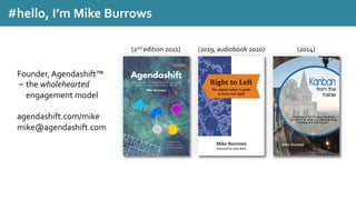 (2nd edition 2021) (2019, audiobook 2020) (2014)
Founder, Agendashift™
– the wholehearted
engagement model
agendashift.com/mike
mike@agendashift.com
#hello, I’m Mike Burrows
 