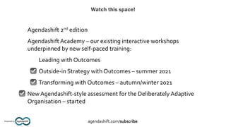 Watch this space!
Agendashift™
Powered by agendashift.com/subscribe
Agendashift 2nd edition
Agendashift Academy – our existing interactive workshops
underpinned by new self-paced training:
Leading with Outcomes
☑ Outside-in Strategy with Outcomes – summer 2021
☑ Transforming with Outcomes – autumn/winter 2021
☑ New Agendashift-style assessment for the Deliberately Adaptive
Organisation – started
 