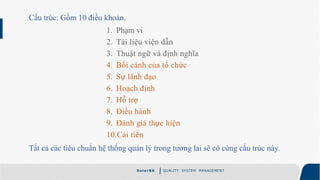 S ola rBK QUALITY SYSTEM MANAGEMENT
Cấu trúc: Gồm 10 điều khoản.
Tất cả các tiêu chuẩn hệ thống quản lý trong tương lai sẽ có cùng cấu trúc này.
1. Phạm vi
2. Tài liệu viện dẫn
3. Thuật ngữ và định nghĩa
4. Bối cảnh của tổ chức
5. Sự lãnh đạo
6. Hoạch định
7. Hỗ trợ
8. Điều hành
9. Đánh giá thực hiện
10.Cải tiến
 