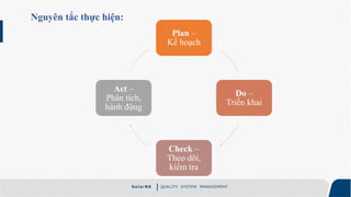 S ola rBK QUALITY SYSTEM MANAGEMENT
Nguyên tắc thực hiện:
Plan –
Kế hoạch
Do –
Triển khai
Check –
Theo dõi,
kiểm tra
Act –
Phân tích,
hành động
 