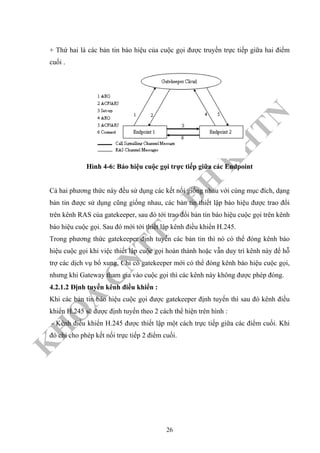 K
H
O
A
C
N
TT
–
Đ
H
K
H
TN
+ Thứ hai là các bản tin báo hiệu của cuộc gọi được truyền trực tiếp giữa hai điểm
cuối .
Hình 4-6: Báo hiệu cuộc gọi trực tiếp giữa các Endpoint
Cả hai phương thức này đều sử dụng các kết nối giống nhau với cùng mục đích, dạng
bản tin được sử dụng cũng giống nhau, các bản tin thiết lập báo hiệu được trao đổi
trên kênh RAS của gatekeeper, sau đó tới trao đổi bản tin báo hiệu cuộc gọi trên kênh
báo hiệu cuộc gọi. Sau đó mới tới thiết lập kênh điều khiển H.245.
Trong phương thức gatekeeper định tuyến các bản tin thì nó có thể đóng kênh báo
hiệu cuộc gọi khi việc thiết lập cuộc gọi hoàn thành hoặc vẫn duy trì kênh này để hỗ
trợ các dịch vụ bổ xung. Chỉ có gatekeeper mới có thể đóng kênh báo hiệu cuộc gọi,
nhưng khi Gateway tham gia vào cuộc gọi thì các kênh này không được phép đóng.
4.2.1.2 Định tuyến kênh điều khiển :
Khi các bản tin báo hiệu cuộc gọi được gatekeeper định tuyến thì sau đó kênh điều
khiển H.245 sẽ được định tuyến theo 2 cách thể hiện trên hình :
- Kênh điều khiển H.245 được thiết lập một cách trực tiếp giữa các điểm cuối. Khi
đó chỉ cho phép kết nối trực tiếp 2 điểm cuối.
26
 