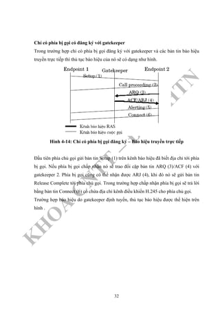 K
H
O
A
C
N
TT
–
Đ
H
K
H
TN
Chỉ có phía bị gọi có đăng ký với gatekeeper
Trong trường hợp chỉ có phía bị gọi đăng ký với gatekeeper và các bản tin báo hiệu
truyền trực tiếp thì thủ tục báo hiệu của nó sẽ có dạng như hình.
Hình 4-14: Chỉ có phía bị gọi đăng ký – Báo hiệu truyền trực tiếp
Đầu tiên phía chủ gọi gửi bản tin Setup (1) trên kênh báo hiệu đã biết địa chỉ tới phía
bị gọi. Nếu phía bị gọi chấp nhận nó sẽ trao đổi cặp bản tin ARQ (3)/ACF (4) với
gatekeeper 2. Phía bị gọi cũng có thể nhận được ARJ (4), khi đó nó sẽ gửi bản tin
Release Complete tới phía chủ gọi. Trong trường hợp chấp nhận phía bị gọi sẽ trả lời
bằng bản tin Connect (6) có chứa địa chỉ kênh điều khiển H.245 cho phía chủ gọi.
Trường hợp báo hiệu do gatekeeper định tuyến, thủ tục báo hiệu được thể hiện trên
hình .
32
 