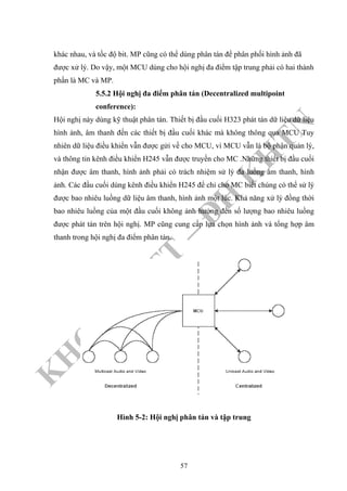 K
H
O
A
C
N
TT
–
Đ
H
K
H
TN
khác nhau, và tốc độ bit. MP cũng có thể dùng phân tán để phân phối hình ảnh đã
được xử lý. Do vậy, một MCU dùng cho hội nghị đa điểm tập trung phải có hai thành
phần là MC và MP.
5.5.2 Hội nghị đa điểm phân tán (Decentralized multipoint
conference):
Hội nghị này dùng kỹ thuật phân tán. Thiết bị đầu cuối H323 phát tán dữ liệu dữ liệu
hình ảnh, âm thanh đến các thiết bị đầu cuối khác mà không thông qua MCU Tuy
nhiên dữ liệu điều khiển vẫn được gửi về cho MCU, vì MCU vẫn là bộ phận quản lý,
và thông tin kênh điều khiển H245 vẫn được truyền cho MC .Những thiết bị đầu cuối
nhận được âm thanh, hình ảnh phải có trách nhiệm sử lý đa luồng âm thanh, hình
ảnh. Các đầu cuối dùng kênh điều khiển H245 để chỉ cho MC biết chúng có thể sử lý
được bao nhiêu luồng dữ liệu âm thanh, hình ảnh một lúc. Khả năng xử lý đồng thời
bao nhiêu luồng của một đầu cuối không ảnh hưởng đến số lượng bao nhiêu luồng
được phát tán trên hội nghị. MP cũng cung cấp lựa chọn hình ảnh và tổng hợp âm
thanh trong hội nghị đa điểm phân tán.
Hình 5-2: Hội nghị phân tán và tập trung
57
 