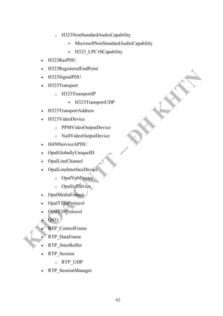 K
H
O
A
C
N
TT
–
Đ
H
K
H
TN
o H323NonStandardAudioCapability
MicrosoftNonStandardAudioCapability
H323_LPC10Capability
• H323RasPDU
• H323RegisteredEndPoint
• H323SignalPDU
• H323Transport
o H323TransportIP
H323TransportUDP
• H323TransportAddress
• H323VideoDevice
o PPMVideoOutputDevice
o NullVideoOutputDevice
• H450ServiceAPDU
• OpalGloballyUniqueID
• OpalLineChannel
• OpalLineInterfaceDevice
o OpalVpbDevice
o OpalIxJDevice
• OpalMediaFormat
• OpalT120Protocol
• OpalT38Protocol
• Q931
• RTP_ControlFrame
• RTP_DataFrame
• RTP_JitterBuffer
• RTP_Session
o RTP_UDP
• RTP_SessionManager
62
 