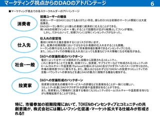 仕入先
消費者
6
6
初期ユーザーはDAOにはとてもありがたい存在。彼らの口コミは初期のマーケット開拓には大変
効果的。
DAOはトークン発行により彼らの貢献に経済的に応えることができる。
例) AKBの初期ファンの××推しすることで話題性が広がり結果としてファンが増加。
しかし、だからといって、初期ファンには特にインセンティブがなかった。
■マーケティング視点での各ステークホルダーのアドバンテージ
マーケティング視点からのDAOのアドバンテージ
最初に材料や工数を提供するにはリスクが伴います。
また、起業の初期段階においてはなかなか高額の仕入れをすることも困難。
トークンの発行は仕入れ先にとって将来期待値を獲得できるインセンティブになる。
また、コミュニティでの情報は仕入れ先にとっても貴重なビジネス情報になる可能性がある。
社会・一般
場合によってはサービス提供のプレ段階から設置されるコミュニティ。
これに参加することで主催者、初期ファン、投資家、サプライヤーなどで形成されるコミュニティの
ミーム(カルチャーや温度感)やprtocol(仕組み)からDAO及びプロダクトへのイメージが作り出され、
市場の期待感づくりに寄与する。また、購入はともなわずともTOKENへの投資やコミュニティでの
活動・バウンティへの参加などを通じDAOの魅力に接触する機会も増加する。
投資家 投資家は投資先の顧客やサービスへの評価などを直接知ることが一般には難しい。
コミュニティを通じDAOやプロダクトを評価や温度感を知ることができる。
また、投資家として積極的に支援する場合にもコミュニティのミーム(カルチャーや温度感)を知りな
がら情報拡散することができる。
特に、市場参加の初期段階において、TOKENのインセンティブとコミュニティの共
創意識が、株式会社には難しいファン化促進・マーケット拡大する仕組みが形成さ
れる!!
仕入れの安定性
初期ユーザーの確保
DAOへの世論形成のバックボーン
DAOへの世論形成のバックボーン
 
