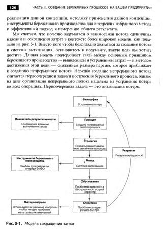 126         ЧАСТЬ III. СОЗДАНИЕ БЕРЕЖЛИВЫХ ПРОЦЕССОВ НА ВАШЕМ ПРЕДПРИЯТИИ



реализации данной концепции, методику применения данной концепции,
инструменты бережливого производства для внедрения избранного метода
и эффективный подход к измерению общего результата.
   Мы считаем, что полезно задуматься о взаимосвязи потока единичных
изделий и сокращения затрат в контексте более широкой модели, как пока­
зано на рис. 5-1. Вместо того чтобы безоглядно хвататься за создание потока
и системы вытягивания, остановитесь и подумайте, какую цель вы хотите
достичь. Данная модель подчеркивает связь между основным принципом
бережливого производства — выявлением и устранением затрат — и методом
достижения этой цели — снижением размера партии, которое приближает
к созданию непрерывного потока. Нередко создание непрерывного потока
считается первоочередной задачей построения бережливого процесса, однако
на деле организация непрерывного потока нацелена на устранение потерь
во всех операциях. Первоочередная задача — это ликвидация потерь.




Рис. 5-1. Модель сокращения затрат
 
