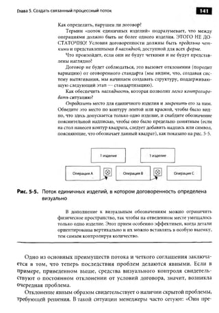 Глава 5. Создать связанный процессный поток                                      141

                  Как определить, нарушен ли договор?
                     Термин «поток единичных изделий» подразумевает, что между
                  операциями должно быть не более одного изделия. ЭТОГО НЕ ДО­
                  СТАТОЧНО! Условия договоренности должны быть предельно чет ­
                  кими и представленными в наглядной, доступной для всех форме.
                     Что произойдет, если они не будут четкими и не будут представ­
                  лены наглядно?
                     Договор не будет соблюдаться, это вызовет отклонения (породит
                  вариацию) от оговоренного стандарта (мы видим, что, создавая сис­
                  тему вытягивания, мы начинаем создавать структуру, поддерживаю­
                  щую следующий этап — стандартизацию).
                     Как обеспечить наглядность, которая позволит легко конт ролиро­
                  ват ь ситуацию?
                     Определить место для единичного изделия и закрепит ь его за ним.
                  Обведите это место по контуру лентой или краской, чтобы было вид­
                  но, что здесь допускается только одно изделие, и снабдите обозначение
                  пояснительной надписью, чтобы оно было предельно понятным (если
                  на стол нанесен контур квадрата, следует добавить надпись или символ,
                  поясняющие, что обозначает данный квадрат), как показано на рис. 5-5.




Рис. 5-5. Поток единичных изделий, в котором договоренность определена
           визуально

                     В дополнение к визуальным обозначениям можно ограничить
                  физическое пространство, так чтобы на отведенном месте умещалось
                  только одно изделие. Этот прием особенно эффективен, когда детали
                  ориентированы вертикально и их можно вставлять в особую выемку,
                  тем самым контролируя количество.



   Одно из основных преимуществ потока и четкого соглашения заключа­
ется в том, что теперь последствия проблем делаются явными. Если в
примере, приведенном выше, средства визуального контроля свидетель­
ствуют о постоянном отклонении от условий договора, значит, возникла
очередная проблема.
   Отклонение явным образом свидетельствует о наличии скрытой проблемы,
требующей решения. В такой ситуации менеджеры часто сетуют: «Они пре­
 