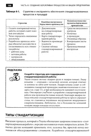 ЧАСТЬ III. СОЗДАНИЕ БЕРЕЖЛИВЫХ ПРОЦЕССОВ НА ВАШЕМ ПРЕДПРИЯТИИ


Таблица 6-1.     Стратегии и инструменты обеспечения стандартизированных
                 процессов и процедур




 ПОДСКАЗКА
                  Создайте структуру для поддержания
                  стандартизированной работы
                  Toyota создала систему лидеров групп и лидеров команд. Лидер
                  команды — сотрудник с почасовой оплатой, который отвечает
                  за команду из пяти-семи человек. Лидеры команд следят за соб­
                  людением стандартной процедуры, выявляя отклонения от стан­
                  дарта (см. главу 11), и при необходимости заменяют отсутствую­
                  щих. Они нередко участвуют в разработке стандартизированной
                  работы для производства новых моделей. Благодаря лидерам ко­
                  манд описание стандартизированной работы не просто украшает
                  стены, но становится подлинным инструментом непрерывного
                  совершенствования. Любопытно, что в большинстве компаний
                  позиция лидера команды отсутствует.



ТИПЫ СТАНДАРТИЗАЦИИ

Введение процесса, который в Toyota обозначают широким понятием «стан­
дартизированная работа», нередко оказывается очень непростым делом. По­
пытки других компаний применить этот, казалось бы, простой метод ока­
зываются обескураживающе сложными. Разработка стандартизированной
 