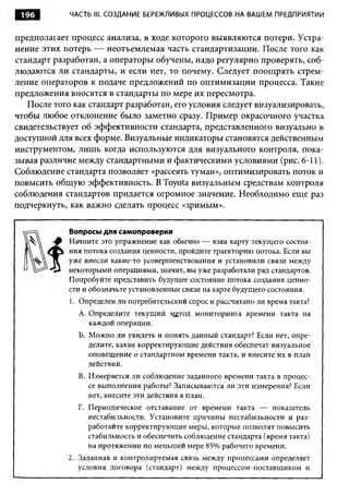 196         ЧАСТЬ III. СОЗДАНИЕ БЕРЕЖЛИВЫХ ПРОЦЕССОВ НА ВАШ ЕМ ПРЕДПРИЯТИИ


предполагает процесс анализа, в ходе которого выявляются потери. Устра­
нение этих потерь — неотъемлемая часть стандартизации. После того как
стандарт разработан, а операторы обучены, надо регулярно проверять, соб­
людаются ли стандарты, и если нет, то почему. Следует поощрять стрем­
ление операторов к подаче предложений по оптимизации процесса. Такие
предложения вносятся в стандарты по мере их пересмотра.
   После того как стандарт разработан, его условия следует визуализировать,
чтобы любое отклонение было заметно сразу. Пример окрасочного участка
свидетельствует об эффективности стандарта, представленного визуально в
доступной для всех форме. Визуальные индикаторы становятся действенным
инструментом, лишь когда используются для визуального контроля, пока­
зывая различие между стандартными и фактическими условиями (рис. 6-11).
Соблюдение стандарта позволяет «рассеять туман», оптимизировать поток и
повысить общую эффективность. В Toyota визуальным средствам контроля
соблюдения стандартов придается огромное значение. Необходимо еще раз
подчеркнуть, как важно сделать процесс «зримым».


             Вопросы для самопроверки
             Начните это упражнение как обычно — взяв карту текущего состоя­
             ния потока создания ценности, пройдите траекторию потока. Если вы
             уже внесли какие-то усовершенствования и установили связи между
             некоторыми операциями, значит, вы уже разработали ряд стандартов.
             Попробуйте представить будущее состояние потока создания ценно­
             сти и обозначьте установленные связи на карте будущего состояния.
             1. Определен ли потребительский спрос и рассчитано ли время такта?
               A. Определите текущий щ т о д мониторинга времени такта на
                  каждой операции.
               Б. Можно ли увидеть и понять данный стандарт? Если нет, опре­
                  делите, какие корректирующие действия обеспечат визуальное
                  оповещ ение о стандартном времени такта, и внесите их в план
                  действий.
               B. Измеряется ли соблюдение заданного времени такта в процес­
                  се выполнения работы? Записываются ли эти измерения? Если
                  нет, внесите эти действия в план.
               Г. Периодическое отставание от времени такта — показатель
                  нестабильности. Установите причины нестабильности и раз­
                  работайте корректирующие меры, которые позволят повысить
                  стабильность и обеспечить соблюдение стандарта (время такта)
                  на протяжении по меньшей мере 85% рабочего времени.
             2. Заданная и контролируемая связь между процессами определяет
                условия договора (стандарт) между процессом-поставщиком и
 