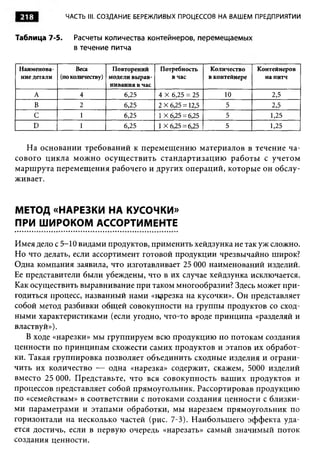 218           ЧАСТЬ III. СОЗДАНИЕ БЕРЕЖЛИВЫХ ПРОЦЕССОВ НА ВАШЕМ ПРЕДПРИЯТИИ


Таблица 7-5.     Расчеты количества контейнеров, перемещаемых
                 в течение питча

 Наименова­       Веса       Повторений     Потребность        Количество    Контейнеров
 ние детали (по количеству) модели вырав­      в час          в контейнере     на питч
                            нивания в час
       А           4            6,25        4 X 6,25 = 25          10            2,5
       В           2            6,25        2 X 6,25 = 12,5        5             2,5
       С           1            6,25        1 X 6,25 = 6,25        5            1,25
       D           1            6,25        1 X 6,25 = 6,25        5            1,25


   На основании требований к перемещению материалов в течение ча­
сового цикла мож но осущ ествить стандартизацию работы с учетом
марш рута перемещения рабочего и других операций, которые он обслу­
живает.


МЕТОД «НАРЕЗКИ НА КУСОЧКИ»
ПРИ ШИРОКОМ АССОРТИМЕНТЕ

Имея дело с 5-10 видами продуктов, применить хейдзунка не так уж сложно.
Но что делать, если ассортимент готовой продукции чрезвычайно широк?
Одна компания заявила, что изготавливает 25 О О наименований изделий.
                                              О
Ее представители были убеждены, что в их случае хейдзунка исключается.
Как осуществить выравнивание при таком многообразии? Здесь может при­
годиться процесс, названный нами «нерезка на кусочки». Он представляет
собой метод разбивки общей совокупности на группы продуктов со сход­
ными характеристиками (если угодно, что-то вроде принципа «разделяй и
властвуй»),
   В ходе «нарезки» мы группируем всю продукцию по потокам создания
ценности по принципам схожести самих продуктов и этапов их обработ­
ки. Такая группировка позволяет объединить сходные изделия и ограни­
чить их количество — одна «нарезка» содержит, скажем, 5000 изделий
вместо 25 ООО. Представьте, что вся совокупность ваш их продуктов и
процессов представляет собой прямоугольник. Рассортировав продукцию
по «семействам» в соответствии с потоками создания ценности с близки­
ми параметрами и этапами обработки, мы нарезаем прямоугольник по
горизонтали на несколько частей (рис. 7-3). Наибольшего эффекта уда­
ется достичь, если в первую очередь «нарезать» самый значимый поток
создания ценности.
 