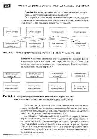 250        ЧАСТЬ III. СОЗДАНИЕ БЕРЕЖЛИВЫХ ПРОЦЕССОВ НА ВАШЕМ ПРЕДПРИЯТИИ


                  Ошибка: Сотрудник использовал не тот факсимильный аппарат.
                  Каковы причины совершения этой ошибки?
                  Списки расположены за факсимильными аппаратами, и сотрудни­
              ку приходится запоминать номер аппарата, а потом отыскивать нуж­
              ный аппарат. Эту ситуацию иллюстрирует рис. 8-8.




Рис. 8-8. Взаимное расположение списков и факсимильных аппаратов

              Решение: Составить отдельный список дилеров для каждого факси­
              мильного аппарата и поместить его перед аппаратом, чтобы сотруд­
              ник имел возможность водить по строке пальцем. Новое расположе­
              ние списков показано на рис. 8-9.




Рис. 8-9. Схема размещения списков изменена — перед каждым
        факсимильным аппаратом помещен отдельный список

                  Введение этих изменений позволило значительно снизить коли­
              чество ошибок. Кроме того, обнаружились ошибки в некоторых кодах
              быстрого набора, введенных в память. Факс мог не попасть к адресату,
              даже если сотрудник правильно определил код.
                  Вы спросите: «Рассматривали ли вы процесс проверки, в ходе ко­
              торой определяется, попал ли факс к адресату?» Да, было сделано и
              это, но не забывайте, что данная операция сходна с проверкой гот овой
              продукции. Этот дополнительный этап не выявляет коренных причин
              ошибок и к тому же повышает затраты. Его следует применять лишь
              к критическим процессам и лишь после того, как коренные причины
              выявлены и устранены.
 