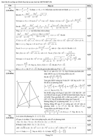 Trang 3/4
Câu Đáp án Điểm
Đặt ,
a
x y
c c
= = .
b
Ta được Điều kiện của bài toán trở thành0, 0.x y> > 3.xy x y+ + =
Khi đó
33
2 2
3 3
3232 .
( 3) ( 3)
yxP x
y x
= + − +
+ +
y
v> >Với mọi u ta có0, 0
3
3 3 3 3 3 ( )3( ) 3 ( ) ( ) ( )
4 4
u v
.v u v uv u v u v u v
+
+ = + − + ≥ + − + =u
Do đó
333 23
3 3
32 ( ) 2 3 332 8 8
3 3 3 3 9( 3) ( 3)
y y x y xy xx x
y x xy x yy x
⎛ ⎞+ − + +⎛ ⎞+ ≥ + = ⎜ ⎟⎜ ⎟ ⎜ ⎟+ + + + +⎝ ⎠+ + ⎝ ⎠
.
y
0,25
Thay 3xy x= − − y vào biểu thức trên ta được
333
3
3 3
32 ( 1)( 6)32 8 (
2( 6)( 3) ( 3)
y x y x yx x y
x yy x
+ − + +⎛ ⎞+ ≥ = + −⎜ ⎟+ +⎝ ⎠+ +
1) . Do đó
3 2 2 3 2 3 2
( 1) ( 1) ( ) 2 ( 1) ( ) 2( ) 6.P x y x y x y x y xy x y x y x y≥ + − − + = + − − + − = + − − + + + −
0,25
Đặt t x Suy ra t và.y= + > 0 3 2
( 1) 2 6.P t t t≥ − − + −
Ta có
2 2
( )
3 ( )
4 4
x y t
x y xy x y t
+
= + + ≤ + + = + .nên ( 2)( 6) 0t t− + ≥ Do đó 2.t ≥
Xét 3 2
( ) ( 1) 2 6,f t t t t= − − + − với t Ta có2.≥ 2
2
1
'( ) 3( 1) .
2 6
t
f t t
t t
+
= − −
+ −
Với mọi t ta có và2≥ 2
3( 1) 3t − ≥
22
1 7 71 1
2 2( 1) 72 6
t
tt t
+ = + ≤ + =
+ −+ −
3 2 , nên
3 2
'( ) 3 0.
2
f t ≥ − > Suy ra ( ) (2) 1 2.f t f≥ = − Do đó 1 2P ≥ − .
0,25
6
(1,0 điểm)
Khi a thìb c= = 1 2P = − . Do đó giá trị nhỏ nhất của P là 1 2.− 0,25
Do C d∈ nên ( ; 2 5).C t t− − Gọi I là tâm của hình chữ
nhật ABCD, suy ra I là trung điểm của AC.
Do đó ( )4 2 3; .
2 2
t tI − − +
0,25
Tam giác BDN vuông tại N nên IN = IB. Suy ra IN = IA.
Do đó ta có phương trình
( ) ( )
2 22 24 22 3 45 4 4 8
2 2 2
t tt t− −− + −⎛ ⎞ ⎛− + − − = − − + −⎜ ⎟ ⎜
⎝ ⎠ ⎝
7.a
(1,0 điểm)
3
2
+ ⎞
⎟
⎠
1.t⇔ = Suy ra C(1; 7).−
0,25
Do M đối xứng với B qua C nên CM = CB. Mà CB = AD
và CM||AD nên tứ giác ACMD là hình bình hành. Suy ra
AC||DM. Theo giả thiết, BN ⊥ DM, suy ra BN ⊥ AC và
CB = CN. Vậy B là điểm đối xứng của N qua AC.
0,25
Đường thẳng AC có phương trình: 3 4 0.
.
x y+ + =
Đường thẳng BN qua N và vuông góc với AC nên có
phương trình 3 17 0x y− − = Do đó (3 17; ).B a a+
Trung điểm của BN thuộc AC nên
3 17 5 4
3 4 0 7.
2 2
a a
a
+ + −⎛ ⎞+ + = ⇔ = −⎜ ⎟
⎝ ⎠
( 4; 7).B − −Vậy
0,25
Δ có véctơ chỉ phương là ( 3; 2;1).u = − − 0,25
(P) qua A và nhận u làm véctơ pháp tuyến, nên (P) có phương trình
3( 1) 2( 7) ( 3) 0 3 2 14 0.x y z x y z− − − − + − = ⇔ + − − =
0,25
M thuộc Δ nên (6 3 ; 1 2 ; 2 ).M t t− − − − + t 0,25
8.a
(1,0 điểm)
2 2 2 2
2 30 (6 3 1) ( 1 2 7) ( 2 3) 120 7 4 3 0AM t t t t t= ⇔ − − + − − − + − + − = ⇔ − − =
1t⇔ = hoặc 3.
7
t Suy ra M= − (3; 3; 1)− − hoặc ( )51 1 17; ;
7 7 7
M − − .
0,25
A D
B C M
N
I
Xem De thi va Dap an Chinh thuc tat ca cac mon tai: DETHI.NET.VN
 