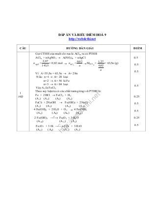 ĐÁP ÁN VÀ BIỂU ĐIỂM HOÁ 9
http://webdethi.net
CÂU

Gọi CTHH của muối clo rua là ACl n, ta có PTHH:
ACln + nAgNO3  A(NO3)n + nAgCl
2,87
0,02
1,27
= 0,02 mol  n ACln =
= 63,5n (g)
n AgCl =
 MACl n =
0,02
143,5
n
n
Vì A+35,5n = 63,5n  A= 28n
N ếu: n=1  A= 28 loại
n=2  A= 56 là Fe
n=3  A= 84 loại
Vậy A3 là FeCl2
Theo suy luận ta có các chất tương ứng với PTHH là:
Fe + 2HCl  FeCl2 + H2
(A1) (A2)
(A3)
(A4)
FeCl2 + 2NaOH  Fe(OH)2 + 2NaCl
(A3)
(A5)
(A6)
(A7)
4 Fe(OH)2 + 2 H2O + O2  4 Fe(OH)3
(A6)
(A8)
(A9)
(A10)
o

ht
tp
://
w
eb
de
th
i.n
et

1
(4đ)

HƯỚNG DẪN GIẢI

2 Fe(OH)3 t
 Fe2O3 + 3 H2O
(A10)
(A11)
(A8)
o

Fe2O3 + 3 H2 t
 2 Fe + 3 H2O
(A11)
(A4)
(A1)
(A1)

ĐIỂM
0.5
0.5
0.5

0.5

0.25
0.5
0.5
0.25
0.5

 