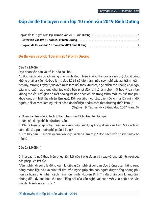 Ä'ap An Ä'á» Thi Tuyá»ƒn Sinh Lá»›p 10 Mon VÄƒn 2019 Binh DÆ°Æ¡ng