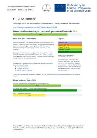 Digitally Competent European Schools
DICES 2019-1-ES01-KA229-063955
This project has been funded with support from the European Commission. This publication reflects the views only of
the author, and the Commission cannot be held responsible for any use which may be made of the information
contained therein.
4 TET-SAT RESULTS
Following is one of the teachers results from the TET-SAT survey, all of them are available in:
https://twinspace.etwinning.net/93278/pages/page/690982
 