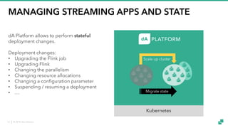 © 2018 data Artisans12
MANAGING STREAMING APPS AND STATE
dA Platform allows to perform stateful
deployment changes.
Deployment changes:
• Upgrading the Flink job
• Upgrading Flink
• Changing the parallelism
• Changing resource allocations
• Changing a configuration parameter
• Suspending / resuming a deployment
• …
Scale up cluster
Kubernetes
Migrate StateMigrate state
 