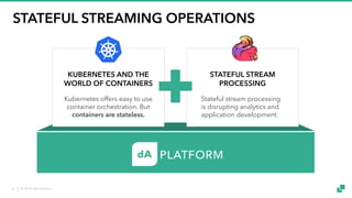 © 2018 data Artisans6
STATEFUL STREAMING OPERATIONS
STATEFUL STREAM
PROCESSING
Stateful stream processing
is disrupting analytics and
application development.
KUBERNETES AND THE
WORLD OF CONTAINERS
Kubernetes offers easy to use
container orchestration. But
containers are stateless.
 