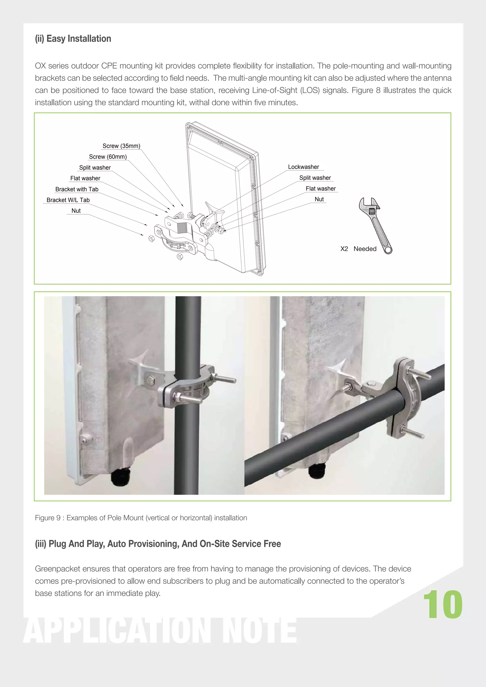 (ii) Easy Installation

OX series outdoor CPE mounting kit provides complete ﬂexibility for installation. The pole-mounting and wall-mounting
brackets can be selected according to ﬁeld needs. The multi-angle mounting kit can also be adjusted where the antenna
can be positioned to face toward the base station, receiving Line-of-Sight (LOS) signals. Figure 8 illustrates the quick
installation using the standard mounting kit, withal done within ﬁve minutes.




                         Screw (35mm)
                  Screw (60mm)
              Split washer                                                Lockwasher
           Flat washer                                                       Split washer
      Bracket with Tab                                                         Flat washer
   Bracket W/L Tab                                                                Nut
            Nut




                                                                                             X2 Needed




Figure 9 : Examples of Pole Mount (vertical or horizontal) installation


(iii) Plug And Play, Auto Provisioning, And On-Site Service Free

Greenpacket ensures that operators are free from having to manage the provisioning of devices. The device
comes pre-provisioned to allow end subscribers to plug and be automatically connected to the operator’s



                                                                                                               10
base stations for an immediate play.




APPLICATION NOTE
 