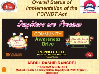 Overall Status of
Implementation of the
PCPNDT Act
1
COMMUNITY
ABDUL RASHID RANGREJ
PROGRAM ASSISTANT
Medical, Health & Family Welfare Department, PRATAPGARH,
Rajasthan
 
