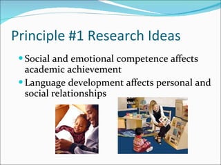 Principle #1 Research Ideas Social and emotional competence affects academic achievement  Language development affects personal and social relationships  