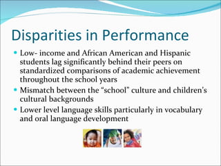 Disparities in Performance Low- income and African American and Hispanic students lag significantly behind their peers on standardized comparisons of academic achievement throughout the school years Mismatch between the “school” culture and children’s cultural backgrounds Lower level language skills particularly in vocabulary and oral language development 