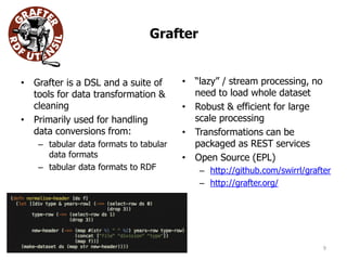 Grafter
• Grafter is a DSL and a suite of
tools for data transformation &
cleaning
• Primarily used for handling
data conversions from:
– tabular data formats to tabular
data formats
– tabular data formats to RDF
• “lazy” / stream processing, no
need to load whole dataset
• Robust & efficient for large
scale processing
• Transformations can be
packaged as REST services
• Open Source (EPL)
– http://github.com/swirrl/grafter
– http://grafter.org/
9
 