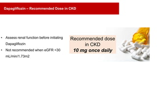 • Assess renal function before initiating
Dapagliflozin
• Not recommended when eGFR <30
mL/min/1.73m2
Recommended dose
in CKD
10 mg once daily
Dapagliflozin – Recommended Dose in CKD
 