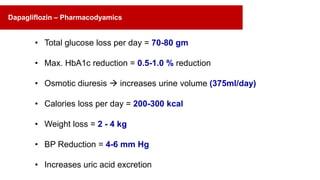 • Total glucose loss per day = 70-80 gm
• Max. HbA1c reduction = 0.5-1.0 % reduction
• Osmotic diuresis  increases urine volume (375ml/day)
• Calories loss per day = 200-300 kcal
• Weight loss = 2 - 4 kg
• BP Reduction = 4-6 mm Hg
• Increases uric acid excretion
Dapagliflozin – Pharmacodyamics
 