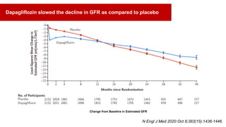 Change from Baseline in Estimated GFR
N Engl J Med 2020 Oct 8;383(15):1436-1446.
Dapagliflozin slowed the decline in GFR as compared to placebo
 